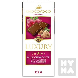 Chocoyoco Luxury 175g Mléčná čokoláda s mandlemi a malinami