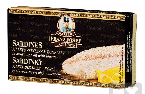 detail F.J.Kaiser Sardinky filet 90g ve slune. s citron